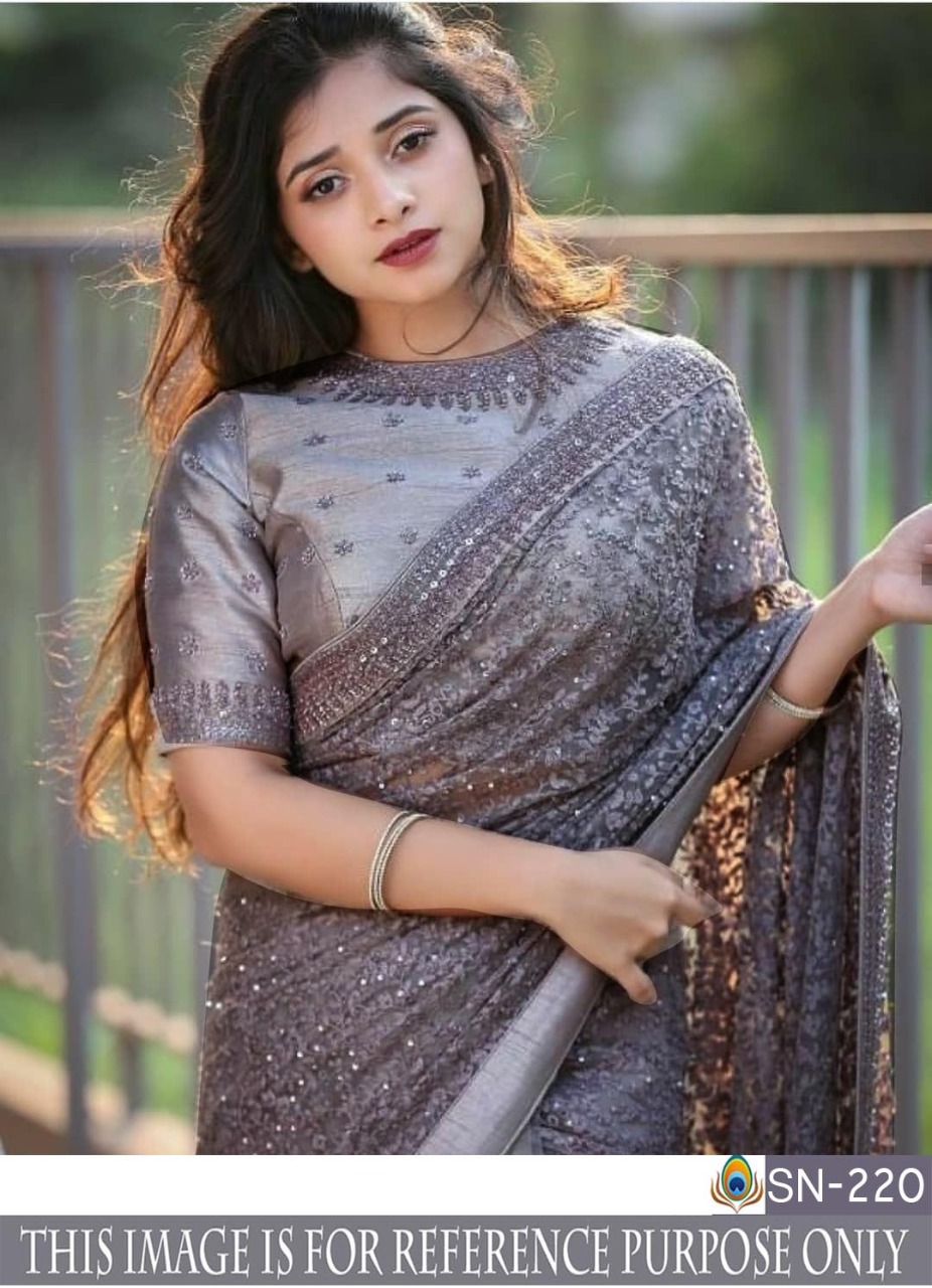 Sn 220 Nylon Mono Net Chain Stitch Work With Hand Work Saree