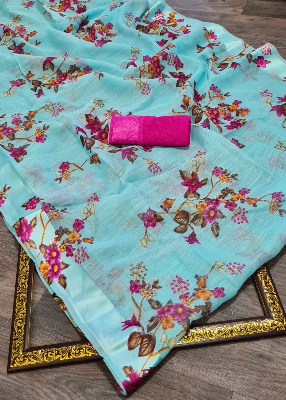 Soft Linen With Satin Border And Mill Print Floral Designer Saree At Wholesale Rate