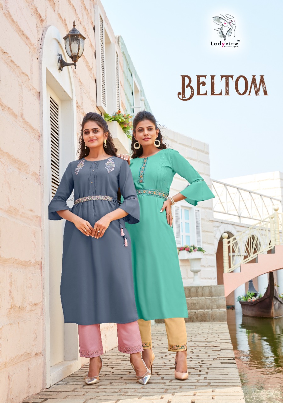 Ladyview Beltom Heavy Embroidery Rayon Kurti With Belt and Pant Catalogue at wholesale rate