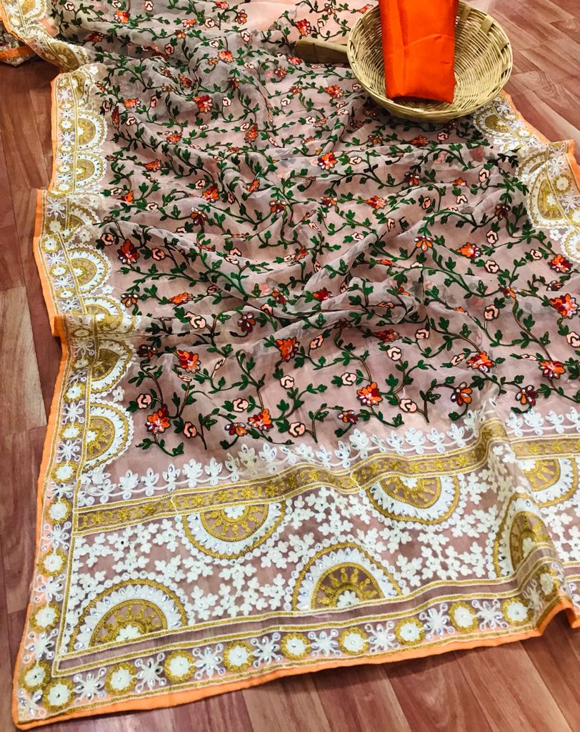 Thankar NEW CONCEPT FOR Sydney soft ORGANZA Silk saree with beautiful light color range and embroidery work With Banglori Satin Blouse