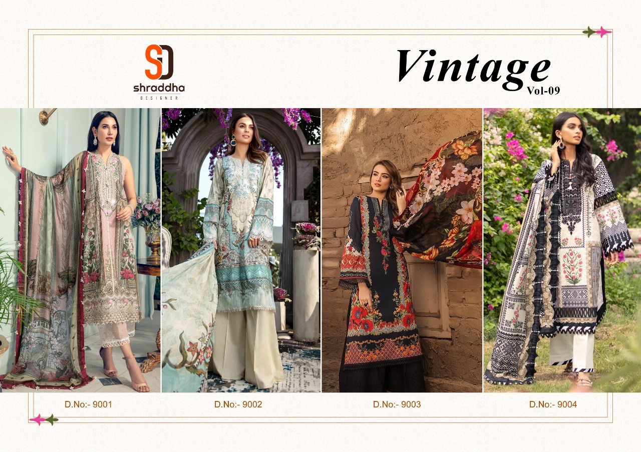 SHARADDHA DESIGNER VINTAGE VOL-9 LAWN COTTON PRINTED WITH HEAVY EMBROIDERY PATCH DRESS MATERIAL