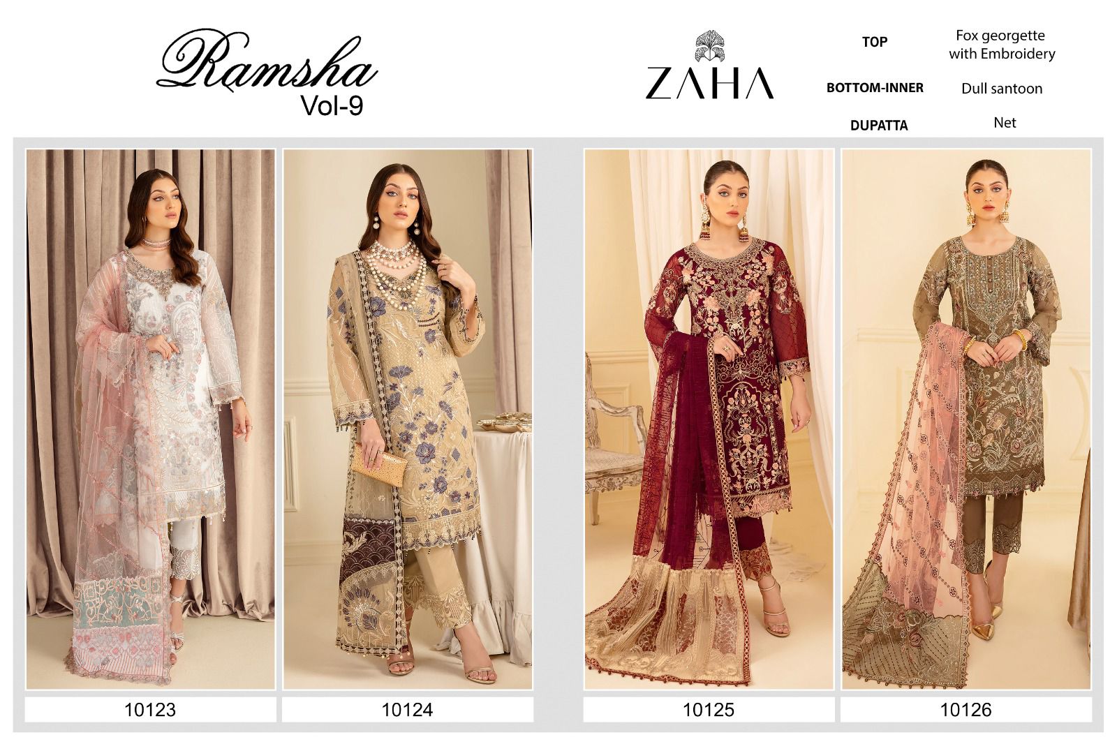 ZAHA RAMSHA VOL-9 GEORGETTE WITH HEAVY EMBROIDERED aND BACK WORK SUIT