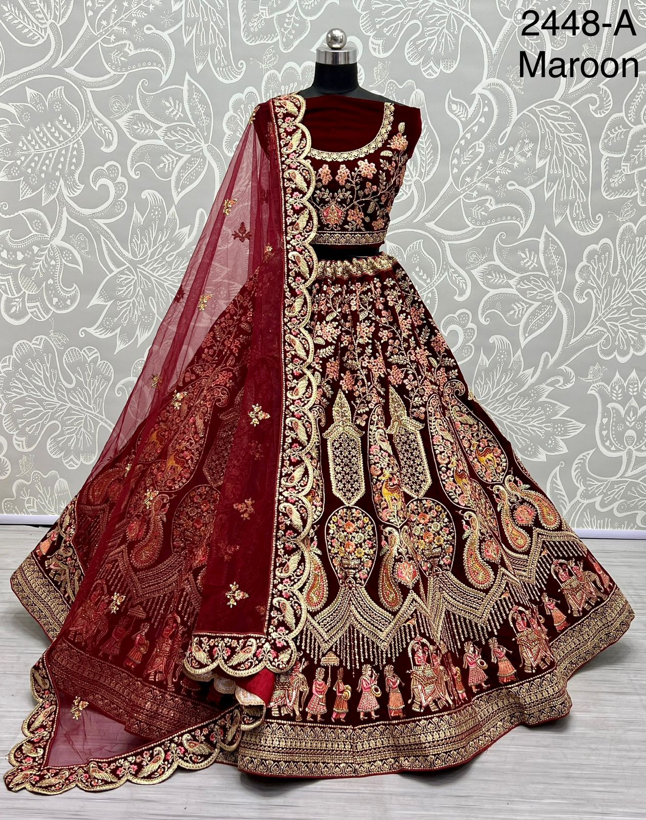 Very well Velvet crafted embroidery of peacock and Bharat designed bridal Lehenga choli 