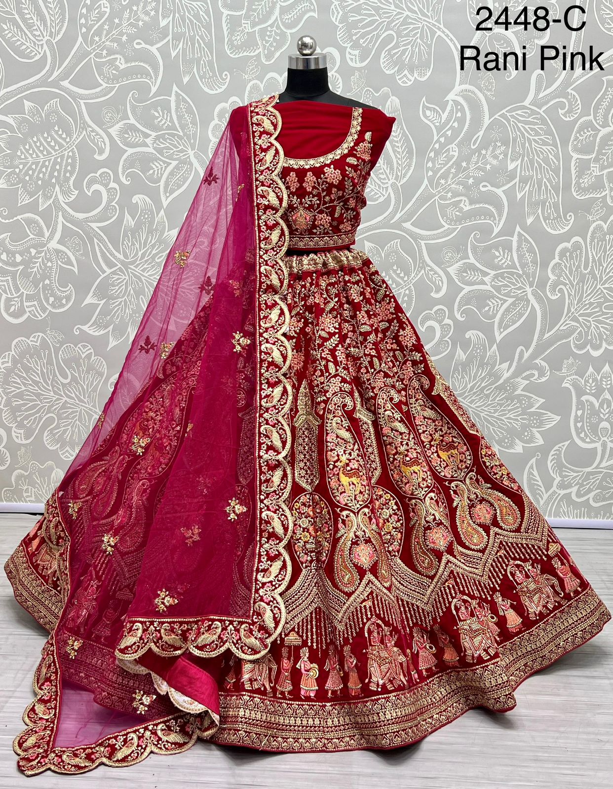 Very well Velvet crafted embroidery of peacock and Bharat designed bridal Lehenga choli 