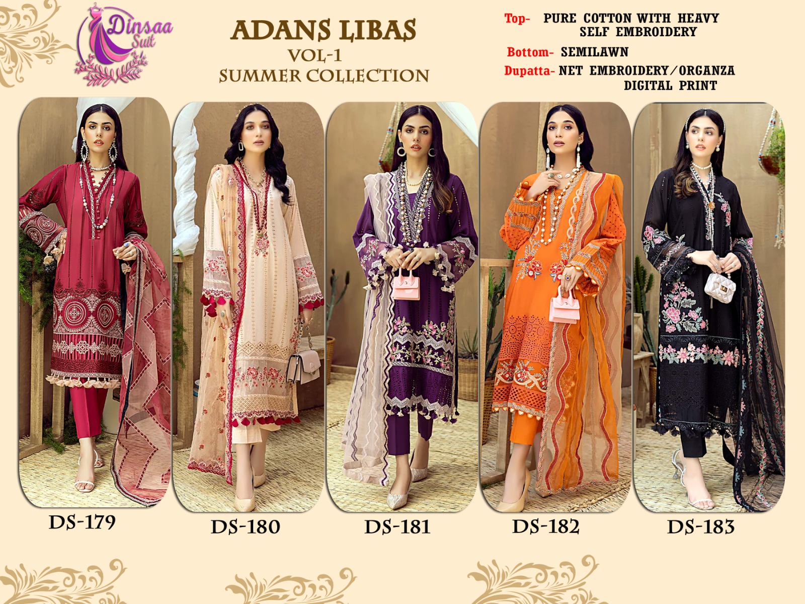 ADANS  Libas VOL-1 Pure Cambric cotton with heavy self embroidery and patches Work  Salwar Kameez