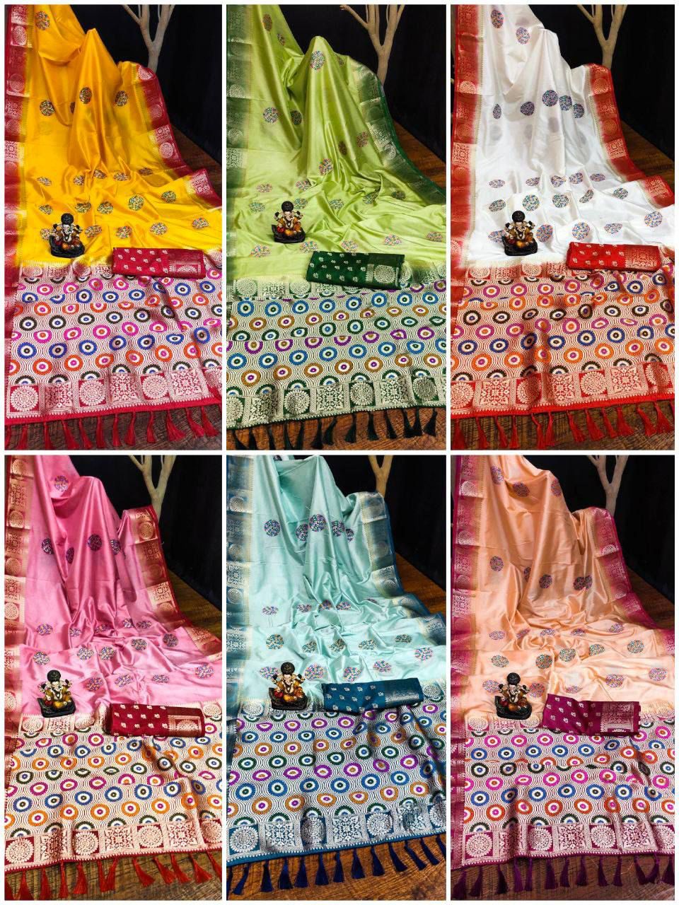 KAMLIKA Beautiful  Trendly collection in Dola Silk sarees with all-over unique Butta designs and Contrast Rich weaving Pallu and Contrast Border