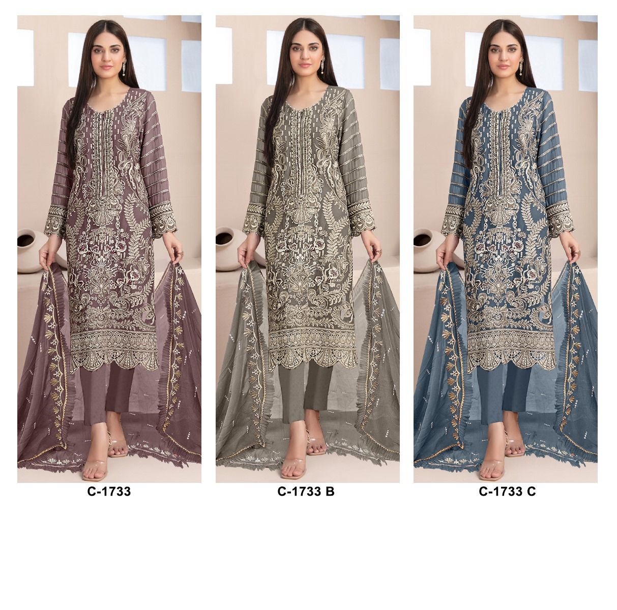 New Pakistani Georgette embroidered with handwork with frill dupatta and Santos bottom suit