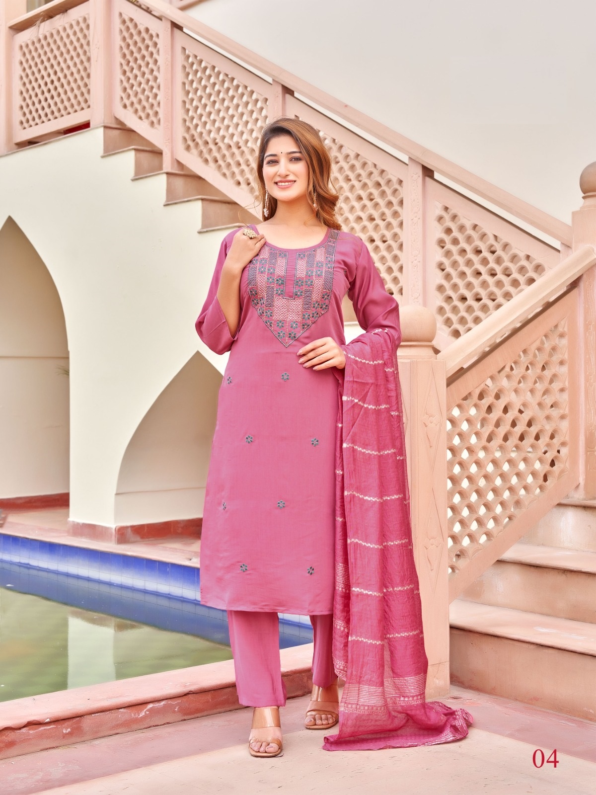Heavy Roman silk with Embroidery and handwork with silk wiving dupatta kurti set 