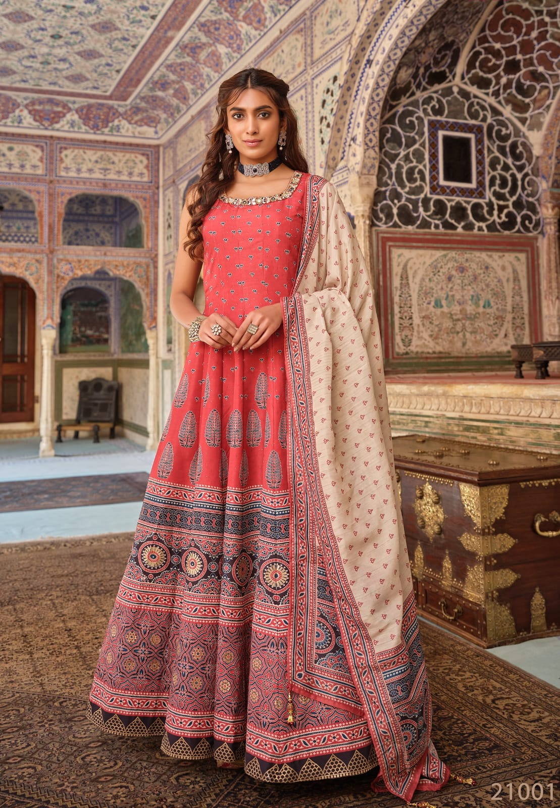 Pure Dola Jacquard Tutti With Pure print and Khabarovsk and leather work long Designer Gown