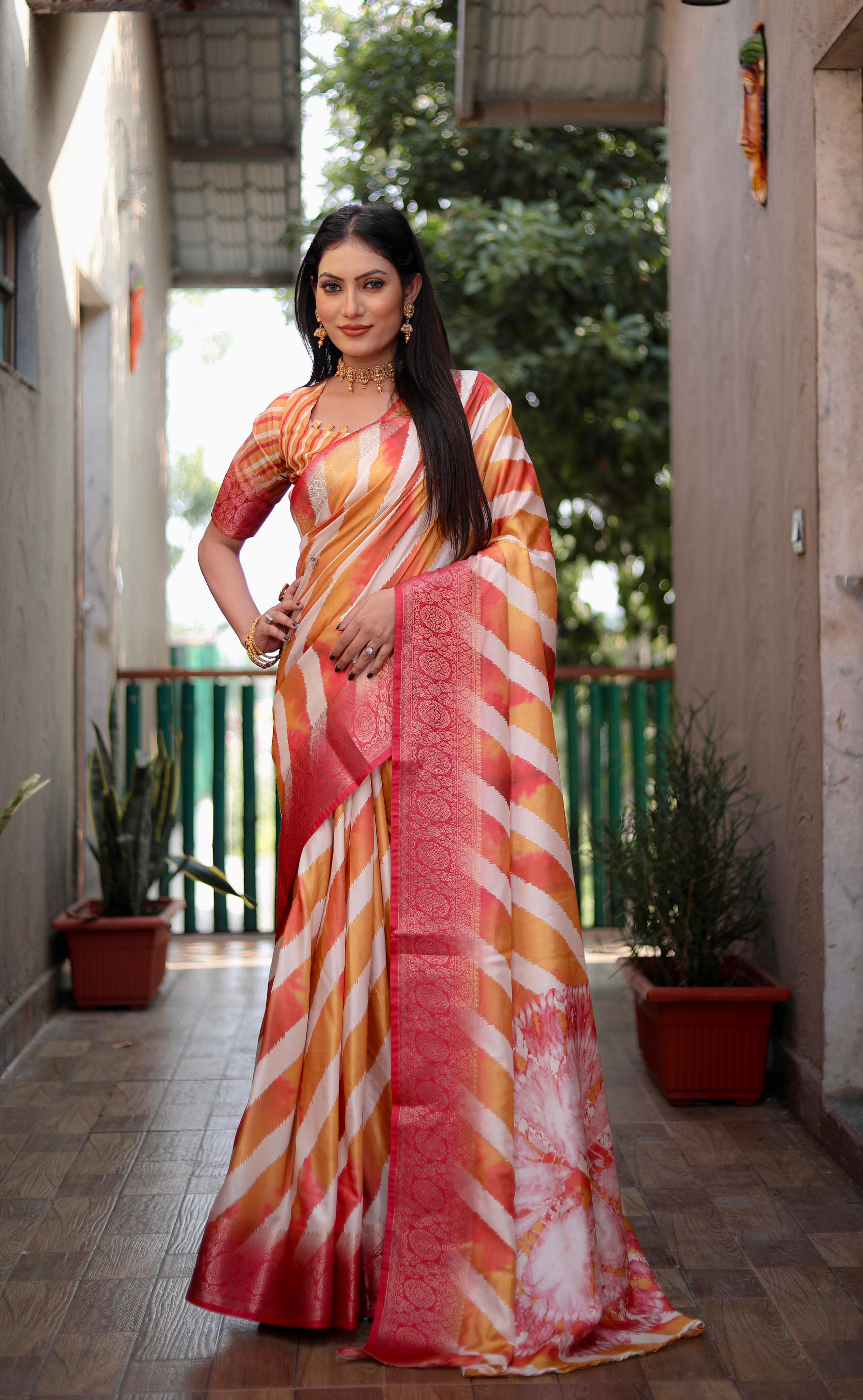 Premium quality dola soft silk sari with all over Digital prints with awesome two sides Jeri weaving border