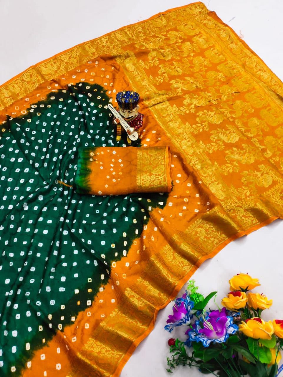 New premium high quality comfortable Bandhej silk drapes with Kanchipuram jari border stylish and pretty sari