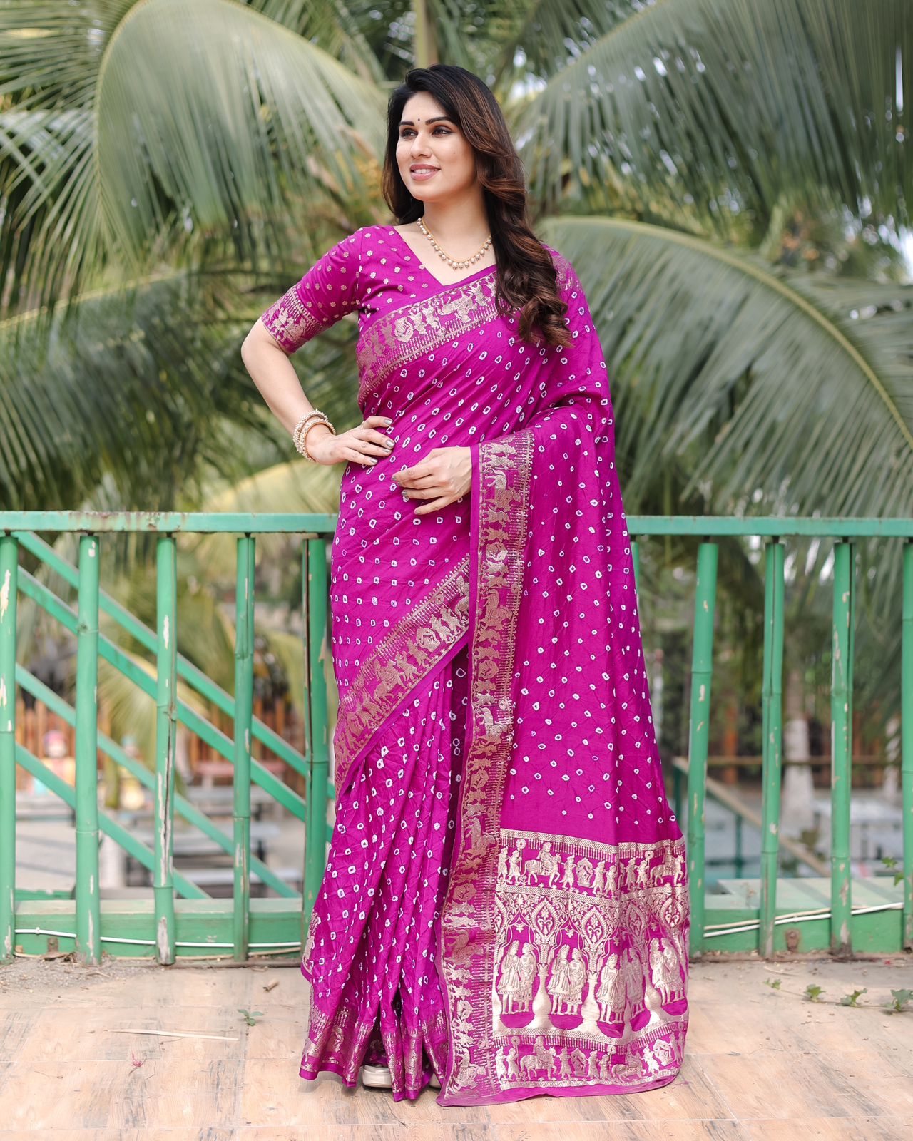 Beautiful New premium and high quality comfortable Bandhej Soft and Dola silk with fully weaving zari Border sari