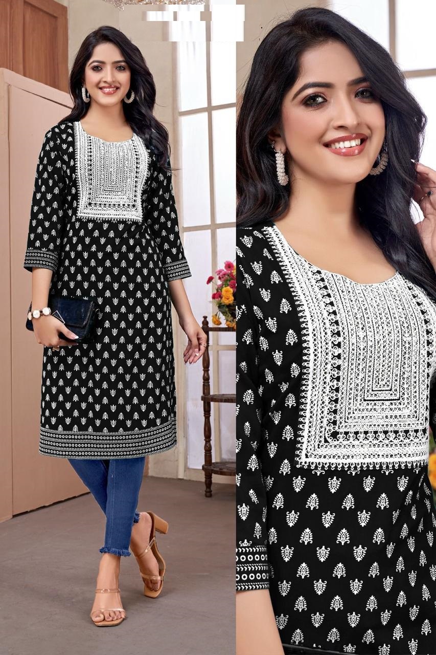 Rayon Gold print withe embroidery sequence work Kurtis for online sale