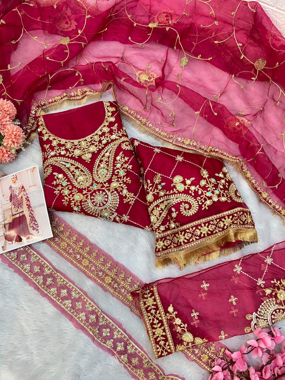 New Heavy Dull Organza with Embroidery and handwork with Fancy dupatta suit for online sale