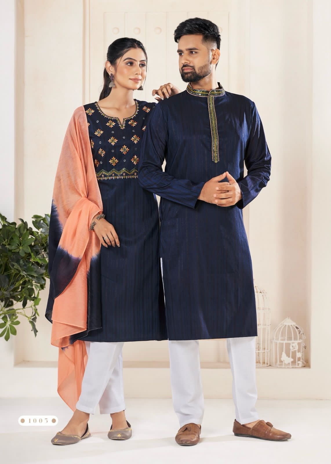 Ready made Couple Kurt set Pure viscose weaving Stripe with embroidery & pockets with stylish pattern at Wholesale Price
