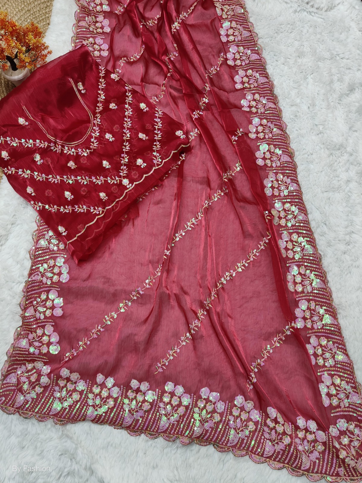 Pure jimmy choo silk multi color thread work with sequence and cut work border all over line thread work sari for online sale