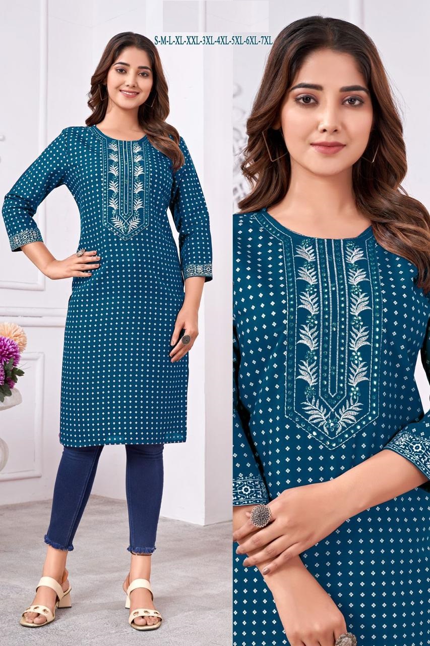 Ready made ladies Rayon foil gold print embroidery sequence work Kurtis