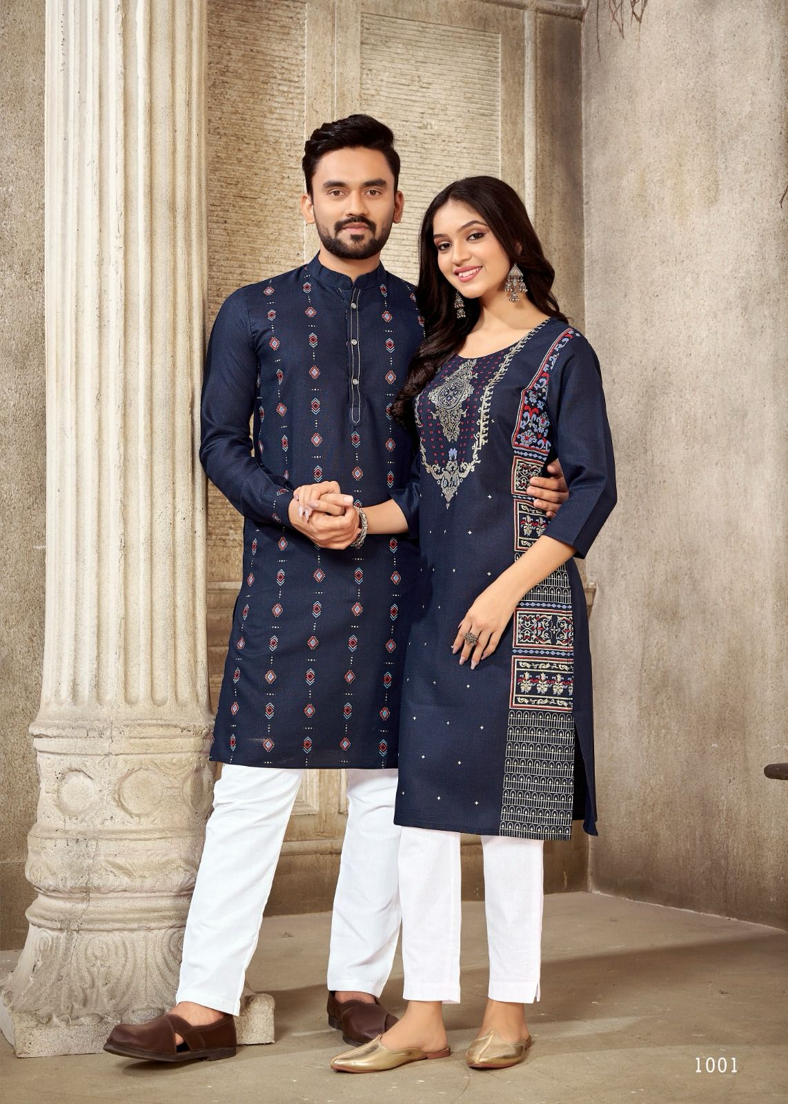 Ready made Couple kurta set Pure cotton with Multi Color Foil Print with  pocket with Exclusive Button