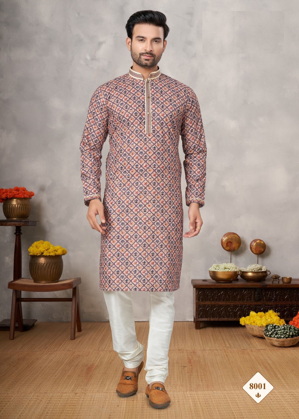 Heavy Cotton Digital Print with Lakhnowi and Sequence with Pint-ex Work and Art Silk Kurt set for men