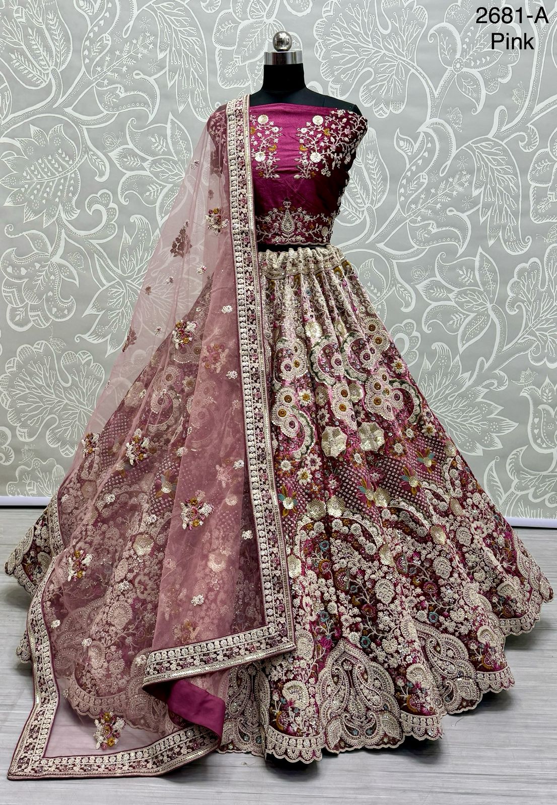 Designer bridal Velvet lehenga with zircon diamond Work and four side beautiful lace and butte all over dupatta collection