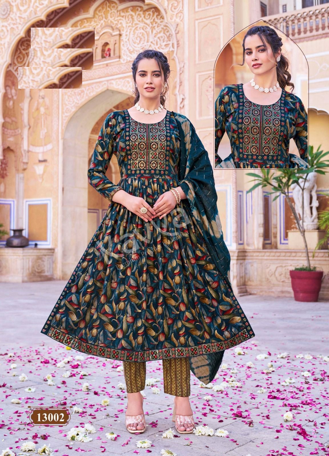 Fancy Collection Nayra Cut Kurtis with Capsule Foil Print Top and Bottom Chanderi Sequence Dupatta set for online sale