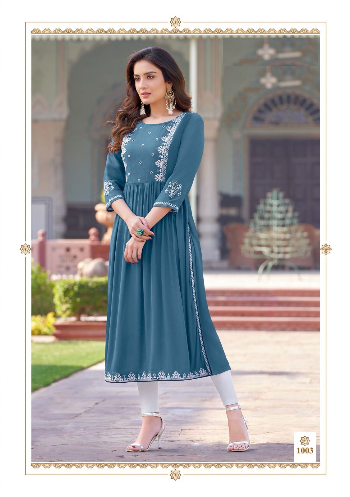 Ready-Made Ladies Rayon Kurti with Half Inner with Thread and Handwork for Adults