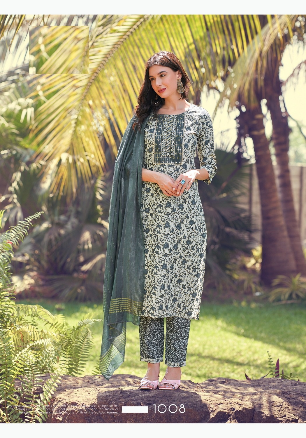 Ready-Made Capsule Foil  Print Kurti Set with  Fancy Embroidery Work and Chandelier dupatta for Online Sale