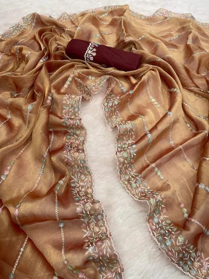 New Jimmy choo fabric with sequence and thread embroidery work and cut border saree for online sale