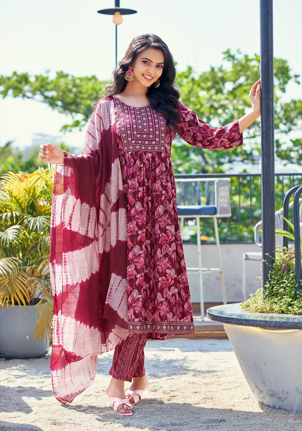 Rayon foli print with embroidery work and nayra cut kurti for online sale