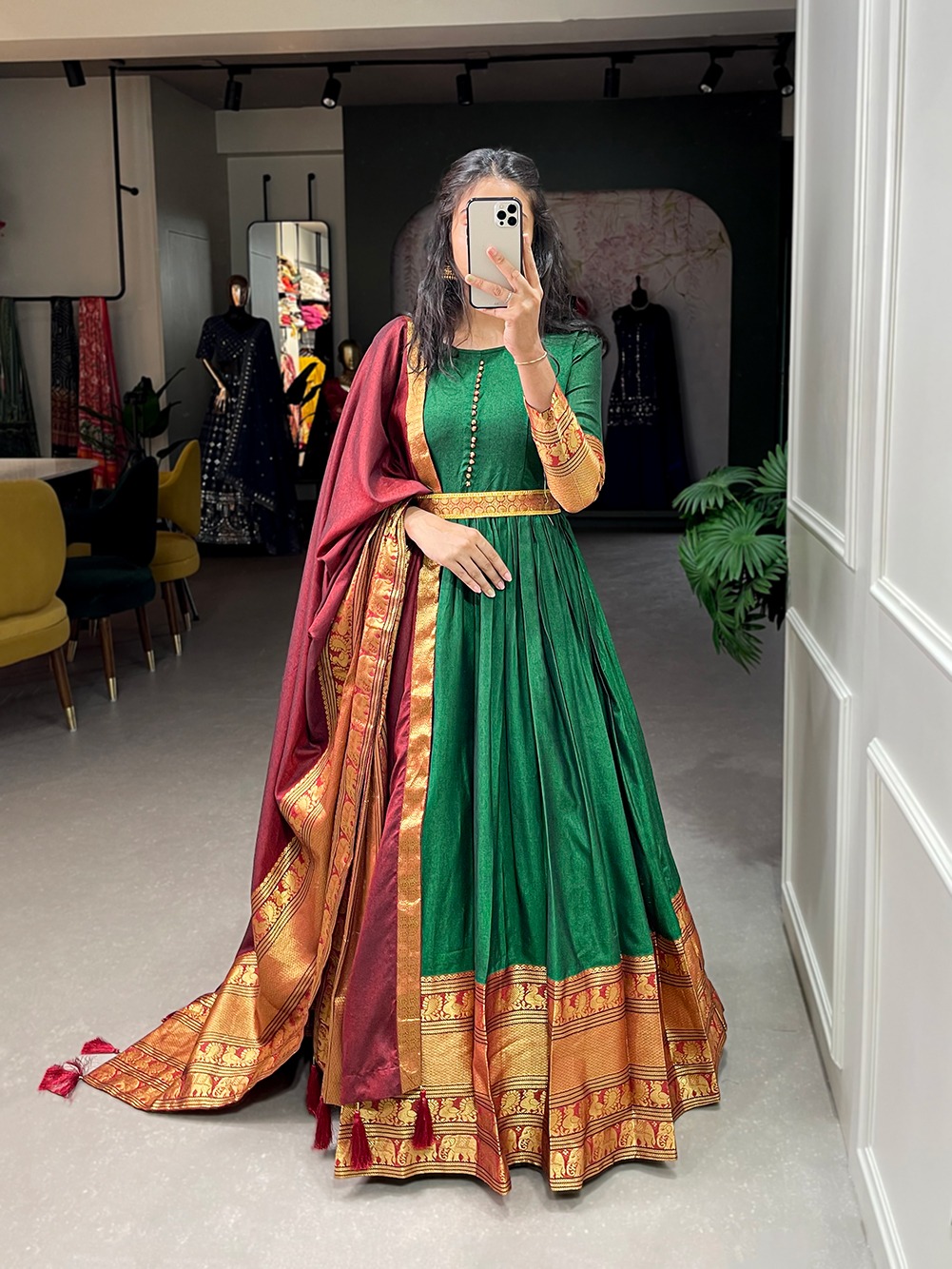 Narayan pet gown with zari weaving work and dupatta collection for online sale