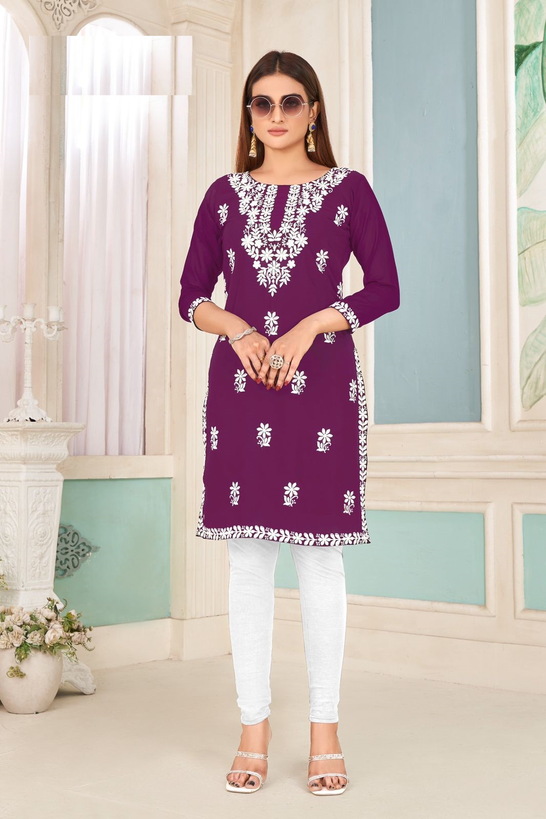 Heavy Bombay rayon white cotton embroidery work kurti for online sale