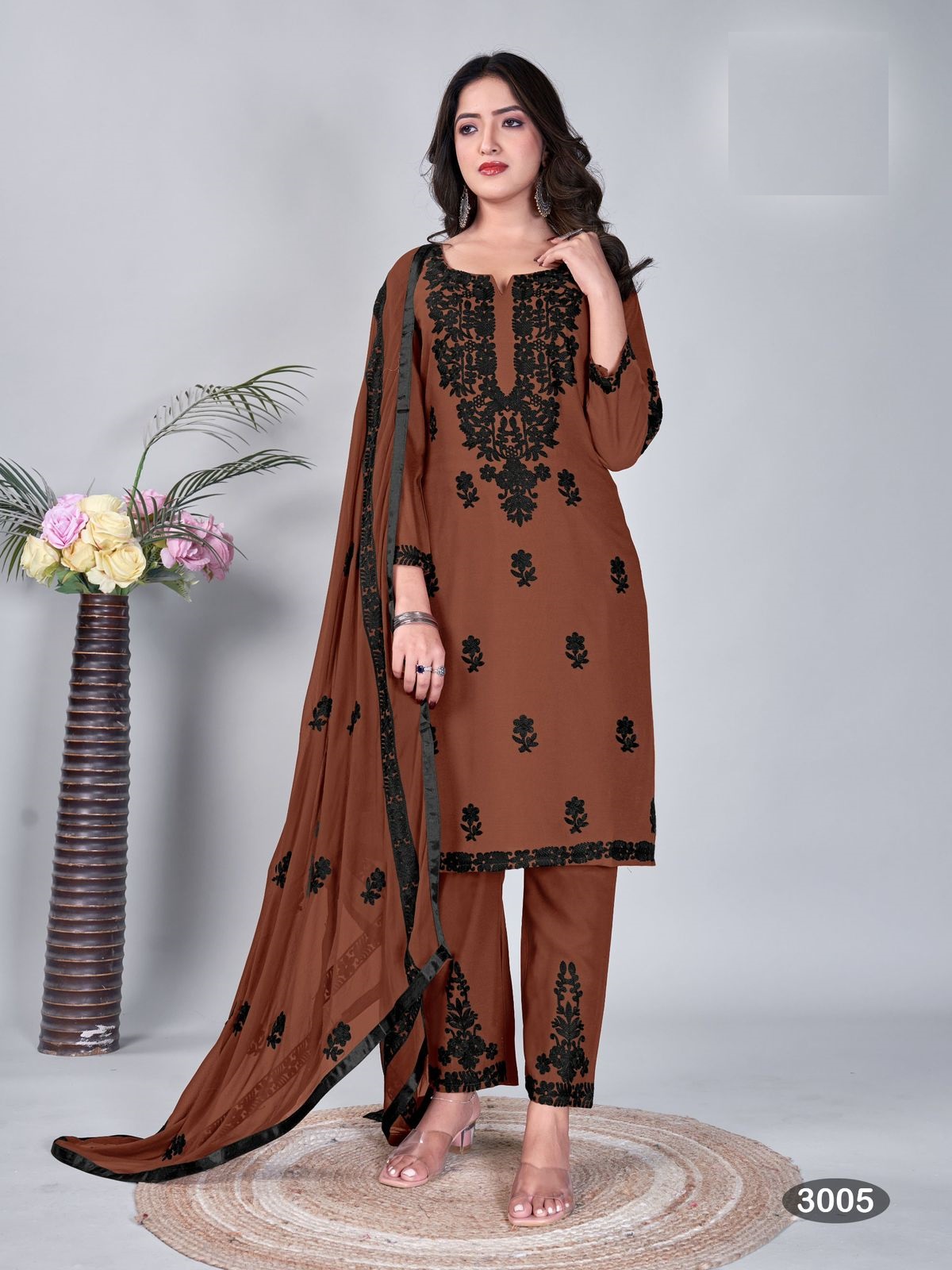New collection 14 kg Rayon with work Top and pant with four side lace Dupatta for online sale