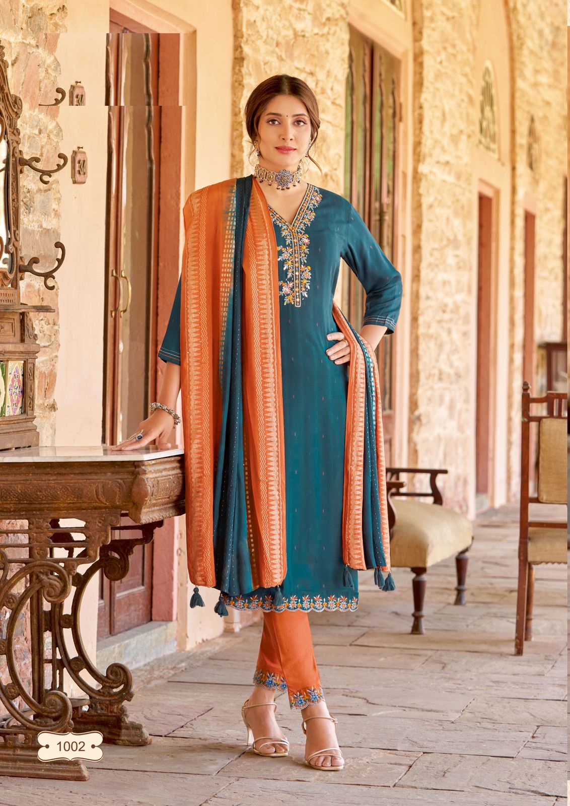 Rayon Weaving with Thread and Handwork and Jacquard Mus line Dupatta set for women online sale