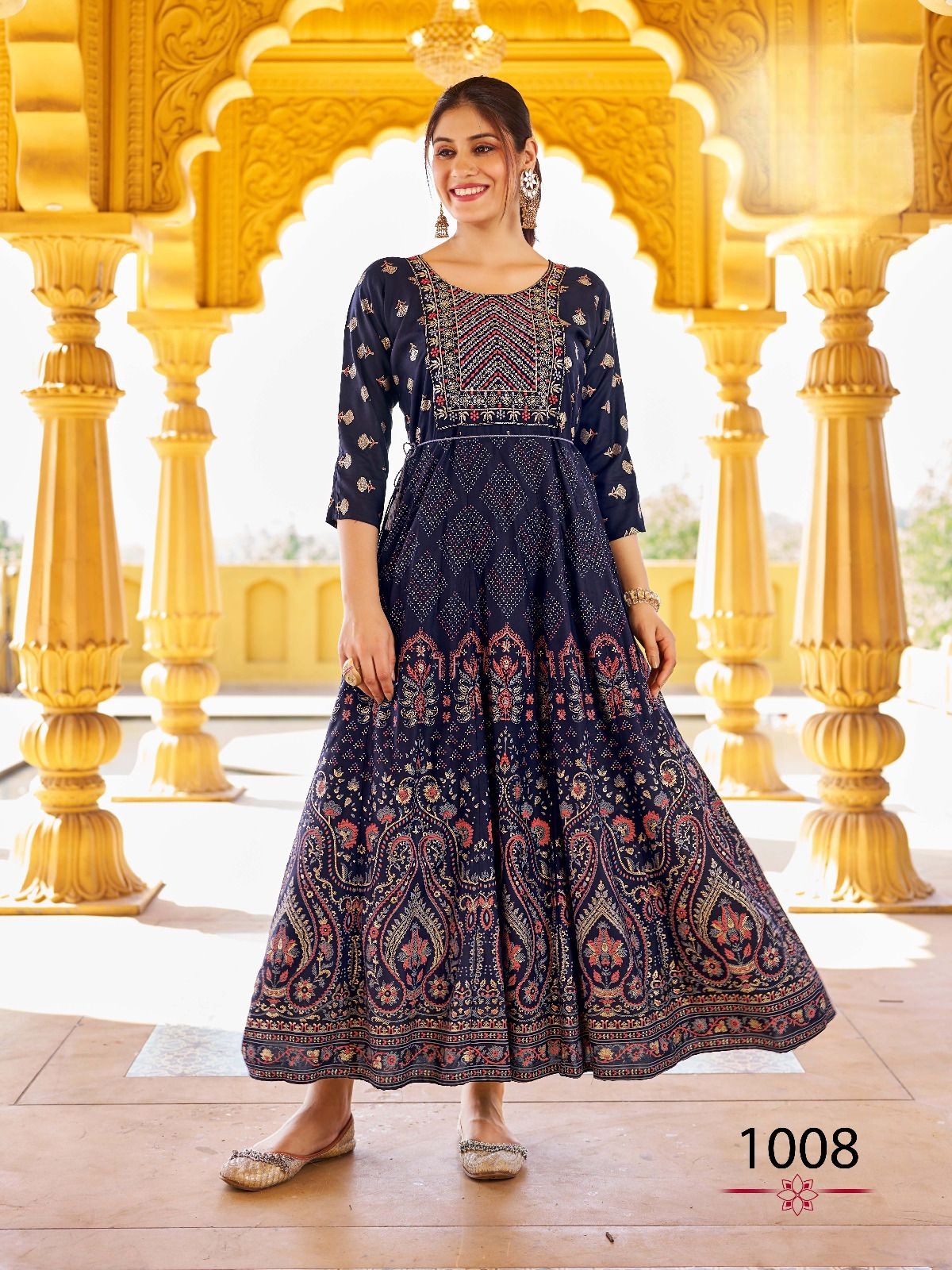 Long Anarkali Gown with Embroidery Work with 14Kg Rayon print for online sale