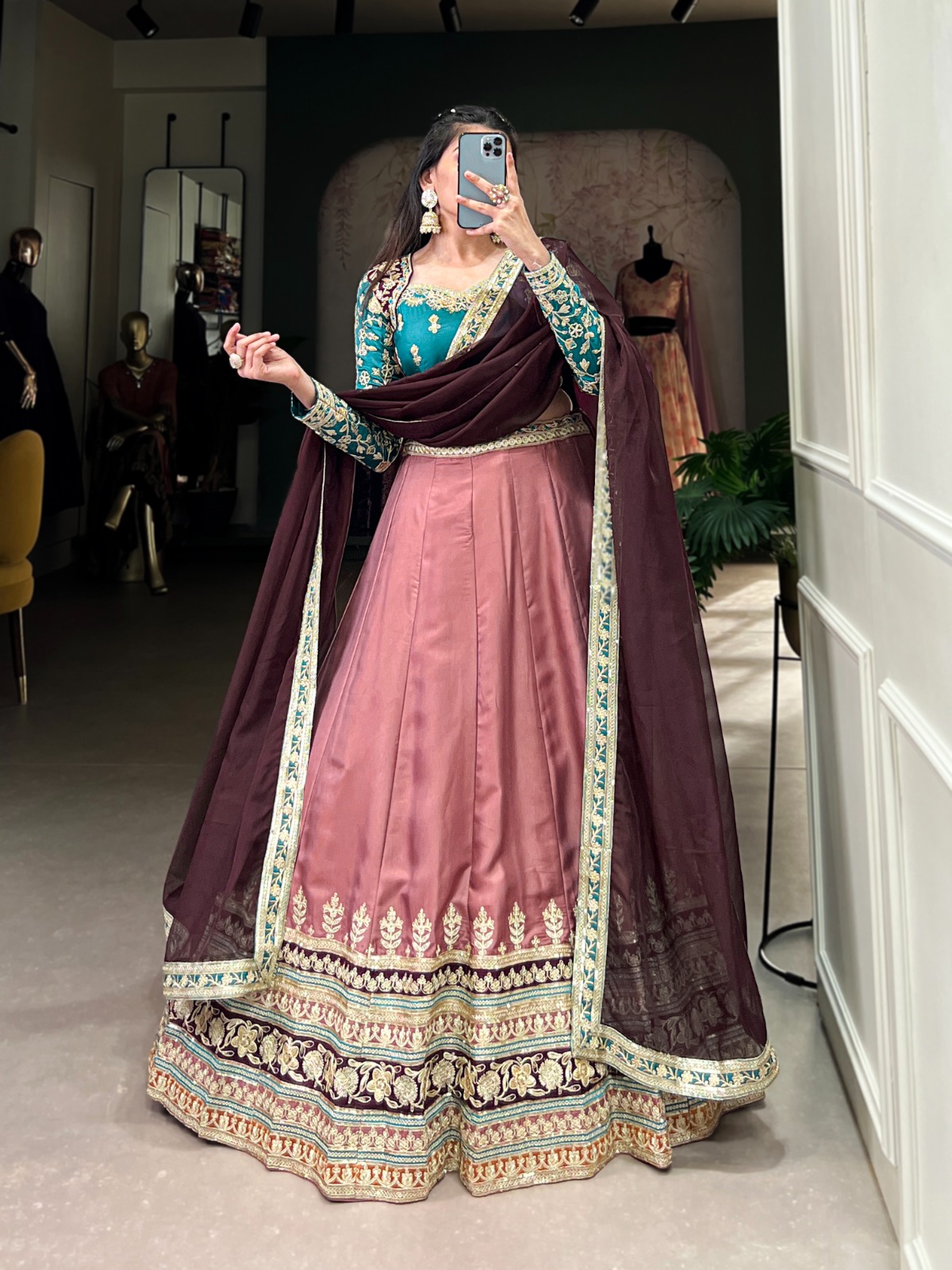 Moonga Silk Sequins and Thread Embroidery Work Lehenga