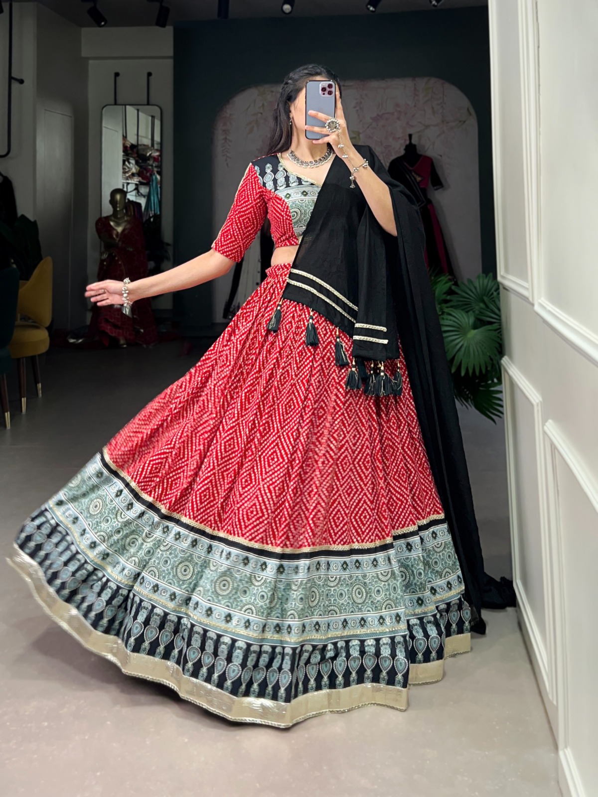 Print With Embossed Design Gota Lace Touch up Lehenga