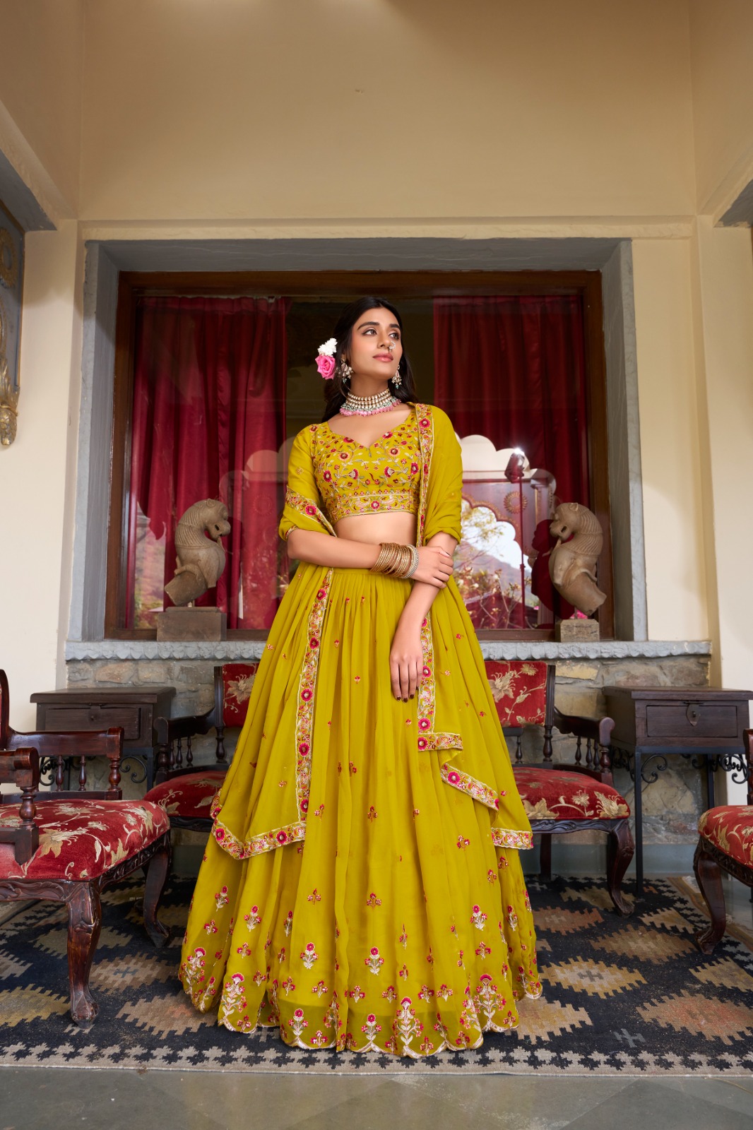 Georgette Sequins and Thread Embroidery Work Lehenga