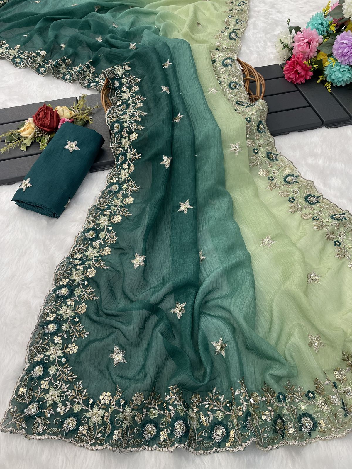 Pure Soft Crunchy crush Padding multi thread embroidery with sequence work Saree