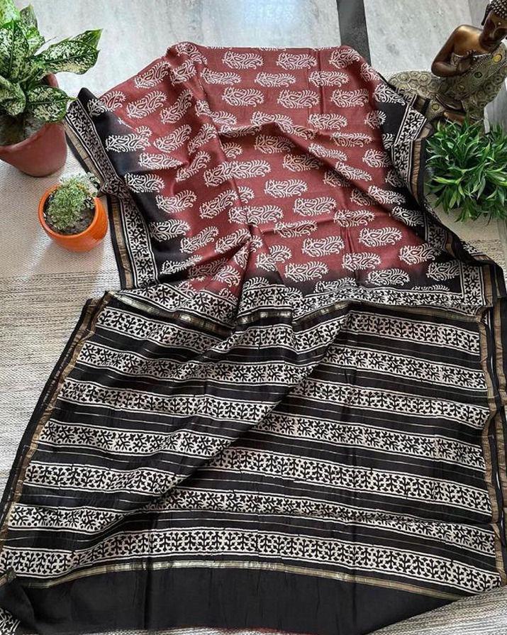 Chanderi Silk with Gold Border Patti Digital Printed Saree  