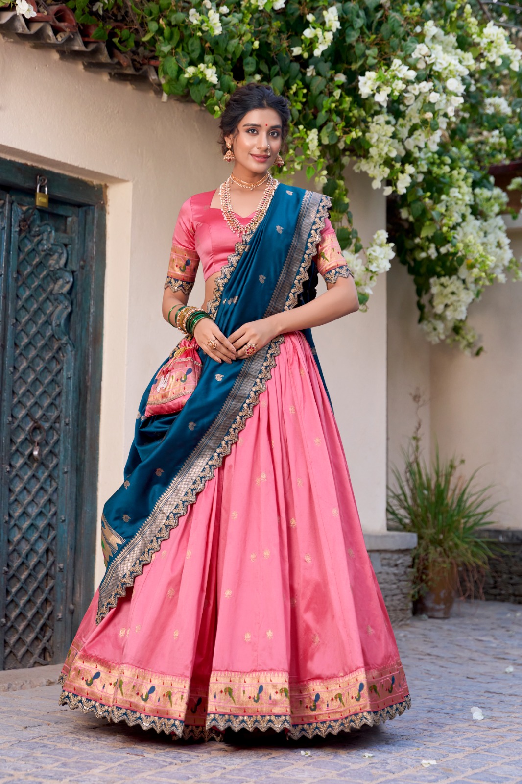 Jacquard Silk Zari Weaving Work With Sequins and Thread Embroidery Lehenga