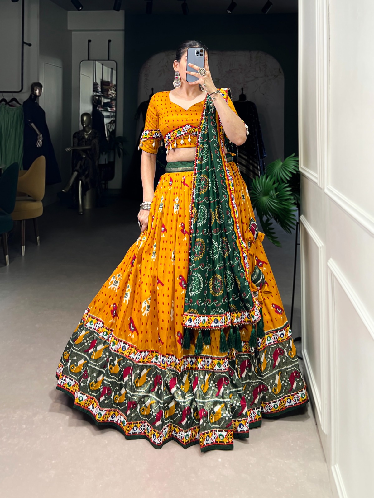 Tussar Silk Patola Print With Gamthi Work Lace And Foil Work Lehenga
