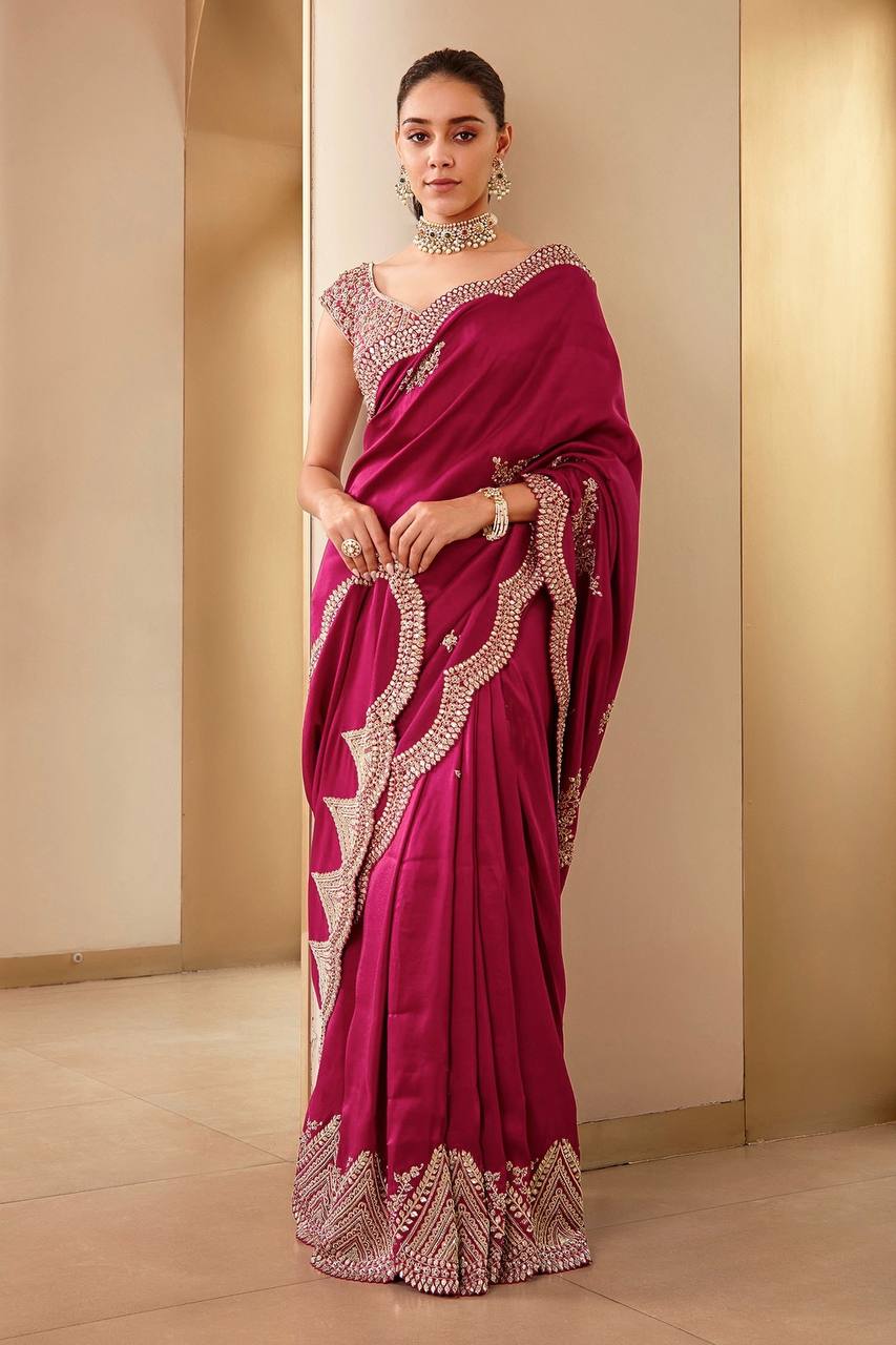 Pure Two Tone Embroidery Work Vichitra Silk Saree
