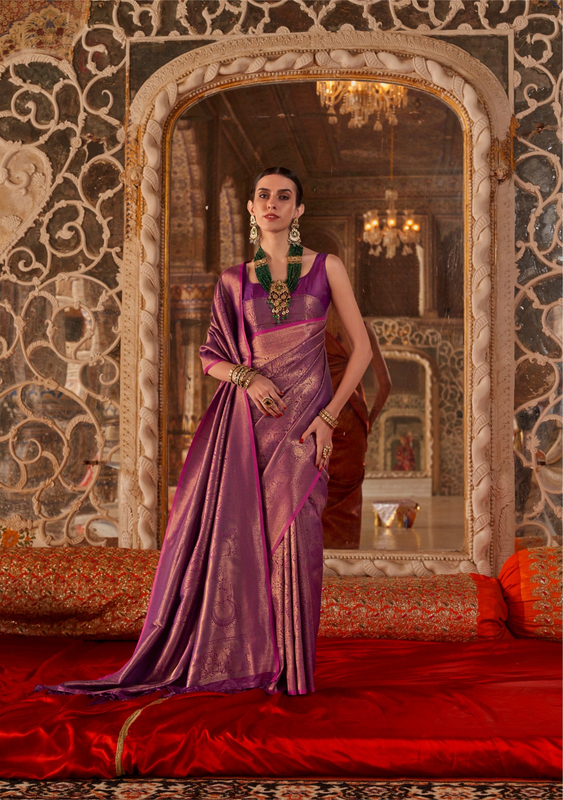 Handloom Weaving Silk Adorned With A Contrast Border ,Embellished With Intricate Gold Zari Work Saree