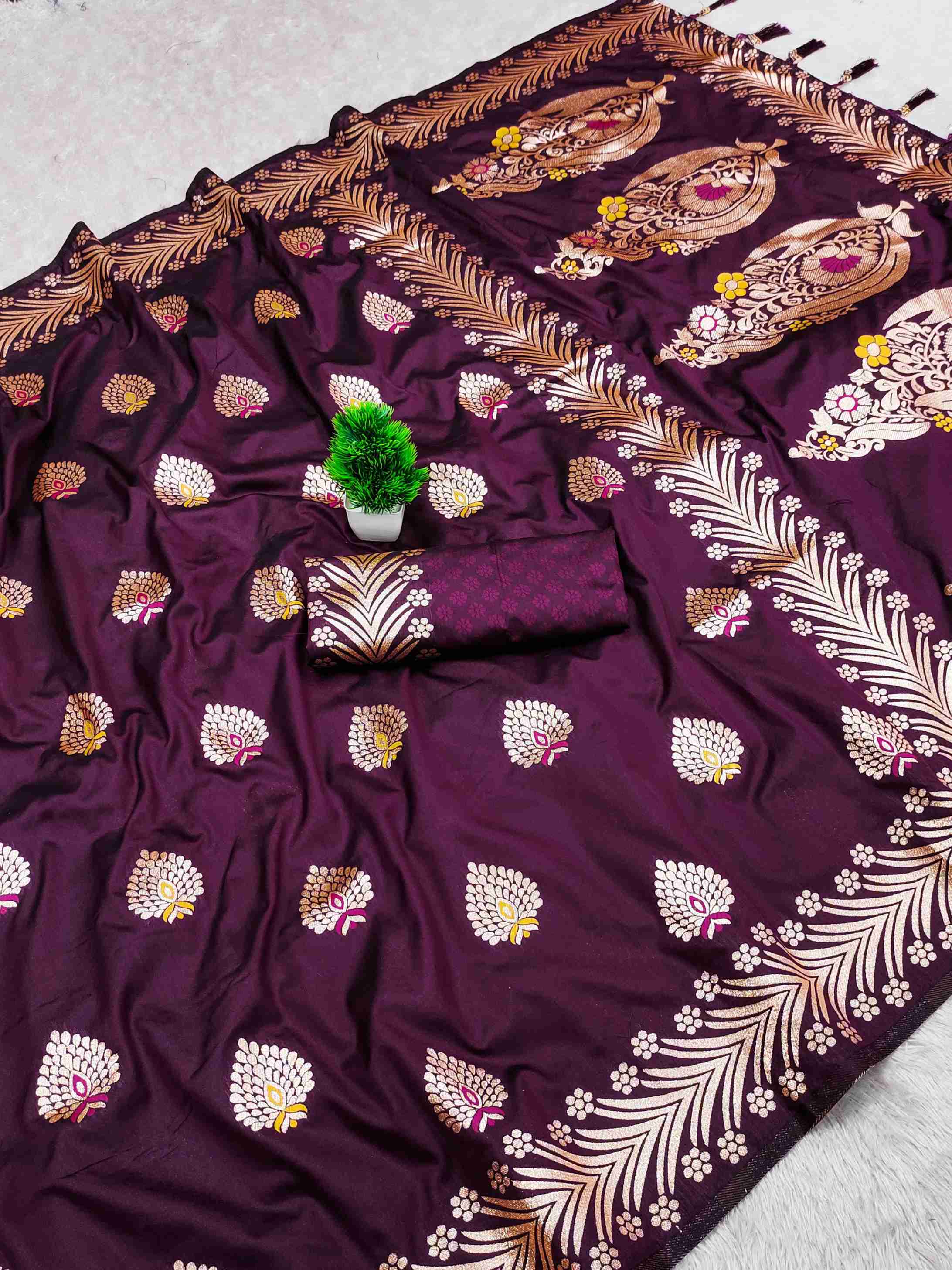 Soft Banarasi silk saree with zari weaving Meenakari Touchup design all over the saree 