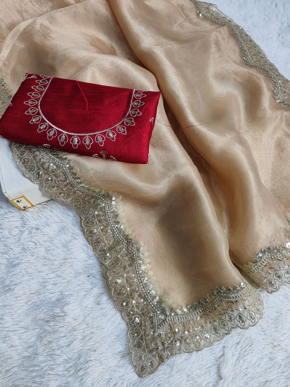 Pure Bright orgenza silk with sequins embroidery work Saree