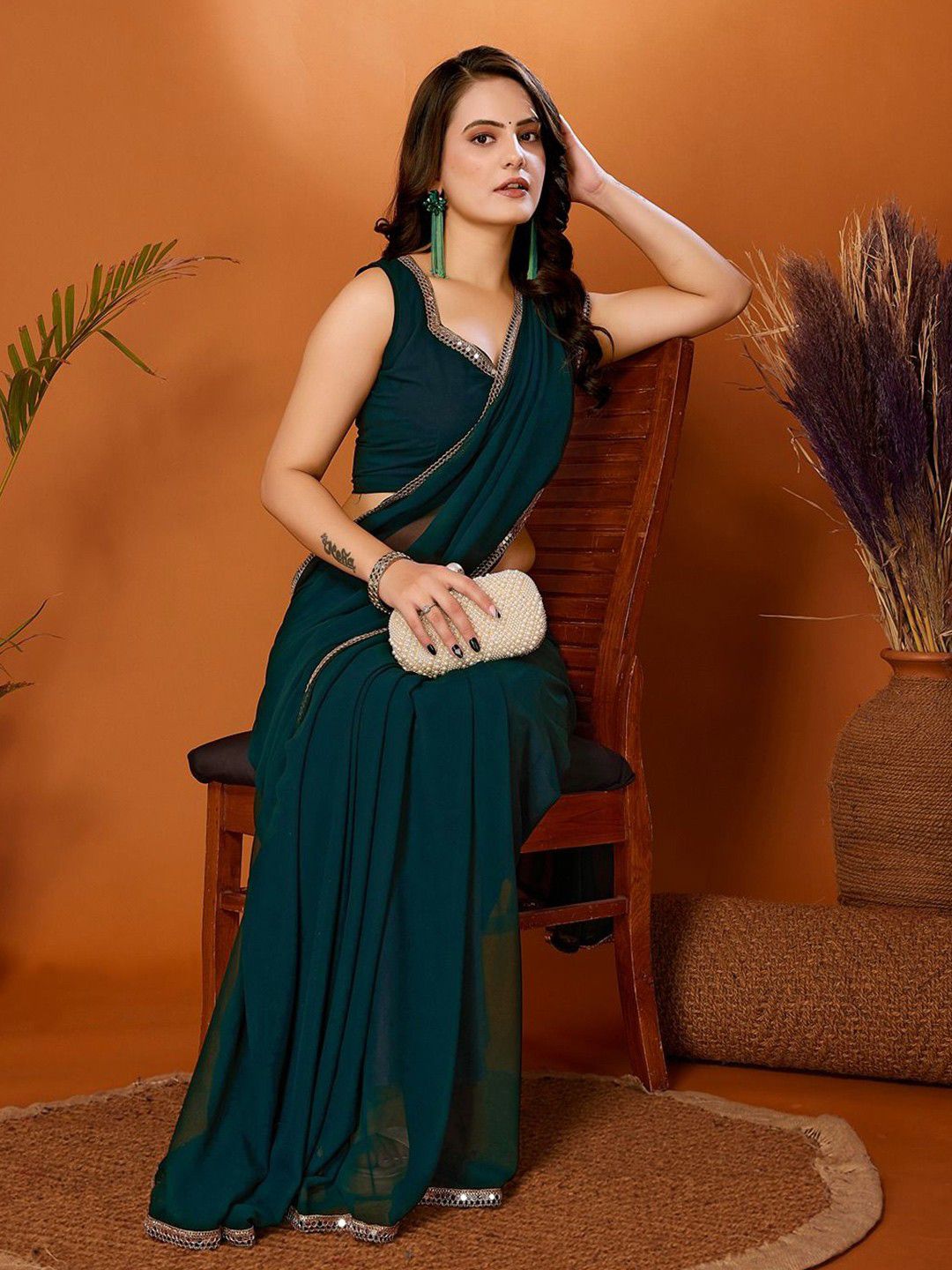 Georgette silk SOLID GEORGETTE SAREE WITH MIRROR BORDER LACE