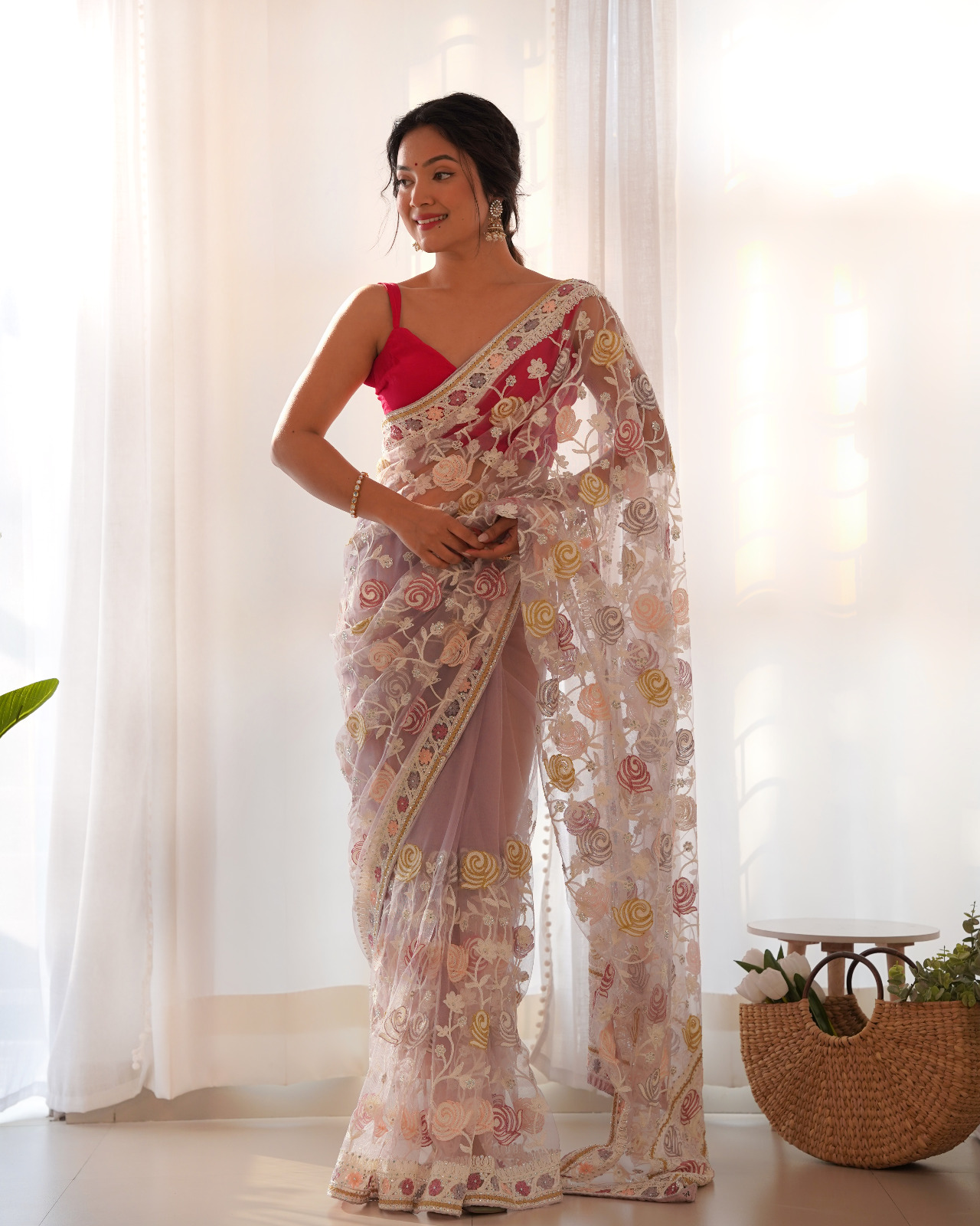Beautiful Mallty Colour Aari Embroidery Work with Stone Work Saree