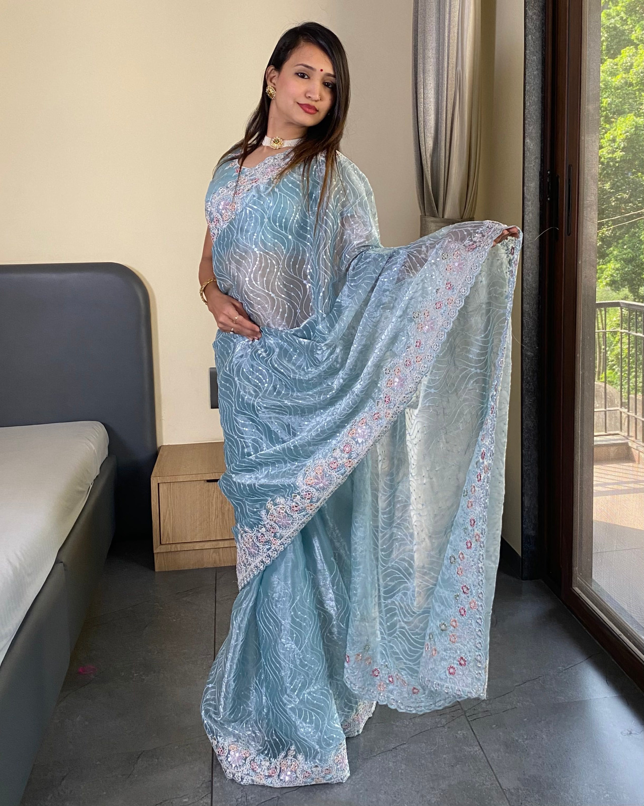 Premium Barbari Silk Heavy Embroidery Thread Zari with Coding Sequins Saree Work