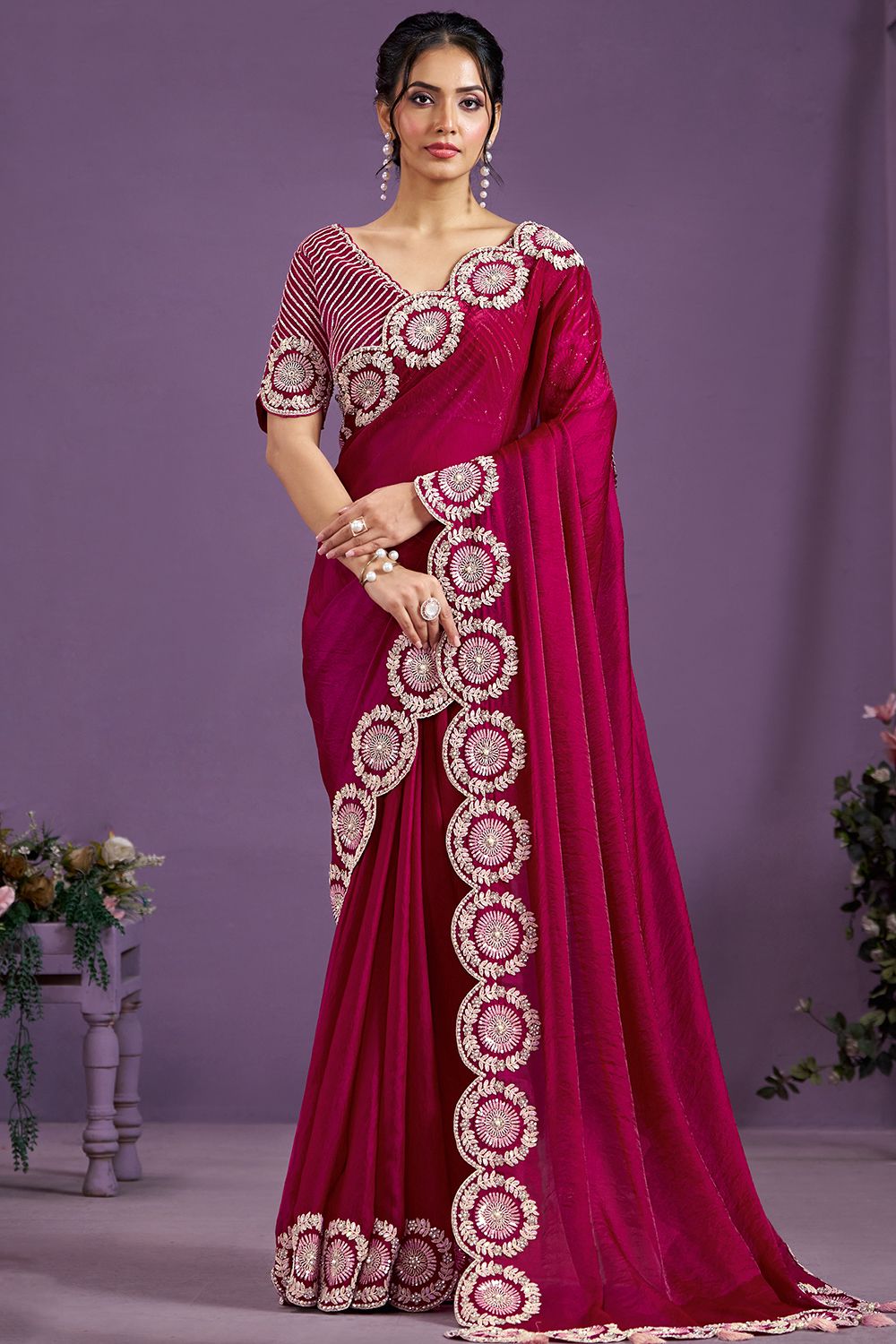 Premium fandy Satin fabrics with Dori thread and sequins embroidered work Saree