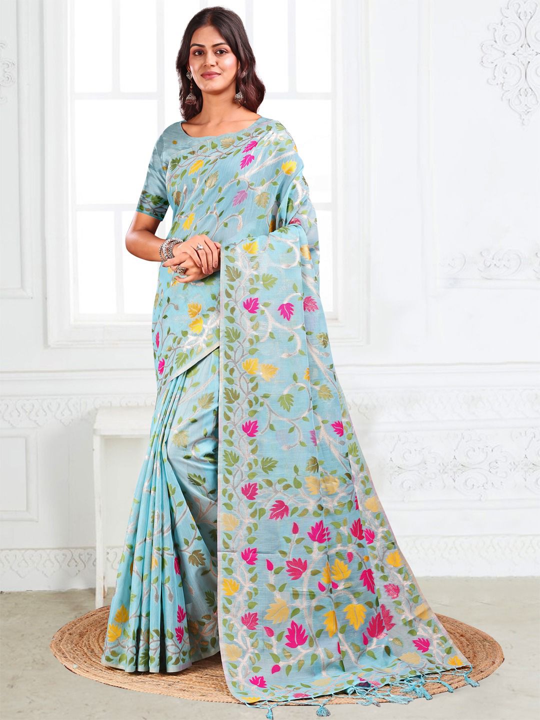 Linen Cotton Beautiful Fancy Printed Fancy Work Saree